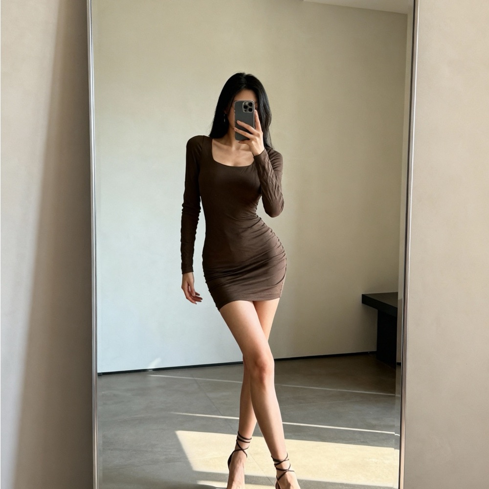 Naked Wardrobe Olive Long Sleeve Mini Dress – Double-Lined bodycon Fit